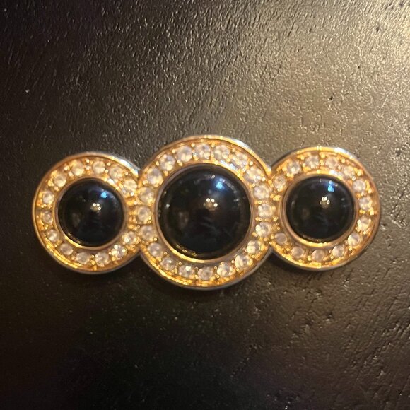 Vintage Swarovski Gold Tone Crystal and Faux Onyx Circle Bar Brooch - Picture 1 of 6